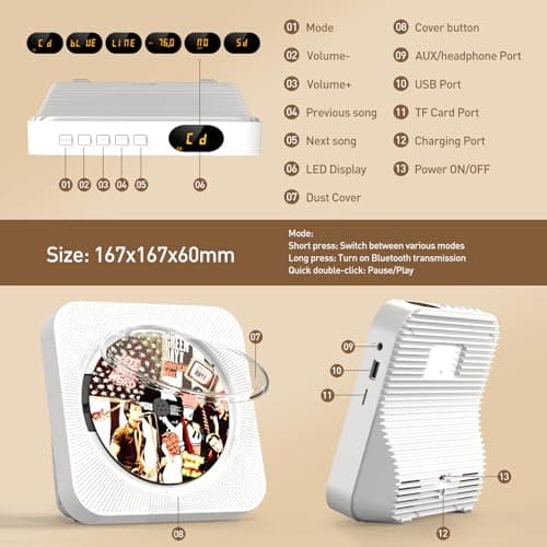 SKYANS CD Player Portable with Bluetooth 5.1 & HiFi Speakers, CD Players for Home with Remote Control & LCD Display, CD Music Player Supports CD/USB/TF Card/FM Radio/AUX/Headphone Jack - Thumbnail 3