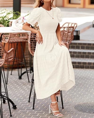 dowerme Womens Summer Dresses 2025 Casual Puff Short Sleeve Crewneck Smocked Flowy Ruffle Boho Beach Party Maxi Sundress(Beige,Large) - Thumbnail 4