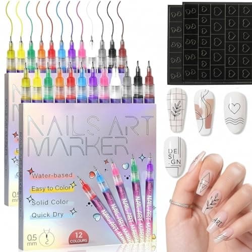 12 Colors Nail Art Pens & Nail Markers Set, 0.5mm Ultra-Fine Tip Acrylic Paint for Nail Painting & DIY Manicure, Water-Based Quick Dry Design Tools, Easy for Everyone, Easter Basket Stuffers (24PCS) - Image 1
