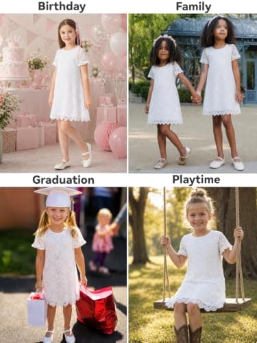 ALLOVIN Girls & Toddlers Graduation Soft Lace A-Line Short Sleeve Birthday Party Flower Girl Dress Wedding Communion | White | 3T - Thumbnail 6