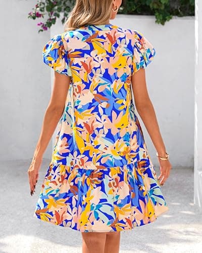dowerme Womens Summer Dresses 2026 Puffy Sleeve V Neck Loose Floral Print A Line Boho Mini Babydoll Dress with Pockets(Multicolored,Medium) - Thumbnail 5