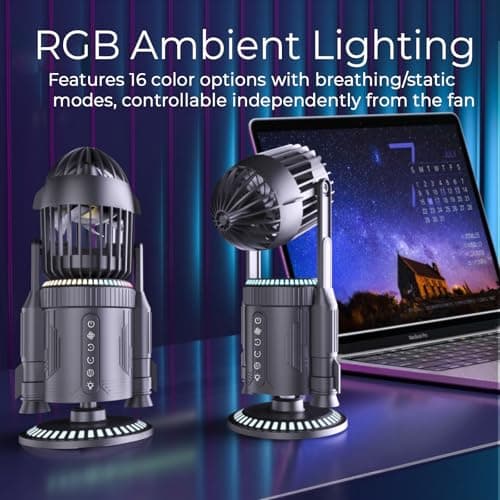 LAMJIE Rocket Desk Fan with Mist Humidifier, 5000mAh Portable Cordless Table Fan, RGB Gaming Room Decor, 180° Auto-Oscillating & Tilt, Quiet Personal Cooling for Office, Bedroom & Gifting (BLACK) - Thumbnail 6
