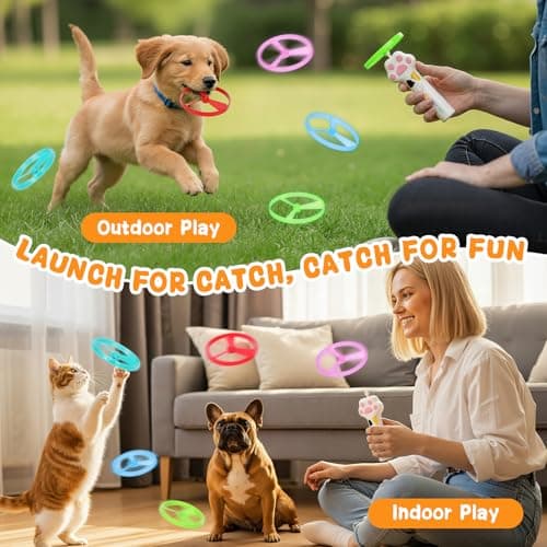 HOMQYTE Cat Chase Fetch Toy - Rechargeable Disc Launcher with 6 Flying Spinners - Best Interactive Pet Hunting Toys for Indoor Outdoor Yard Cats Dog (White) - Thumbnail 5