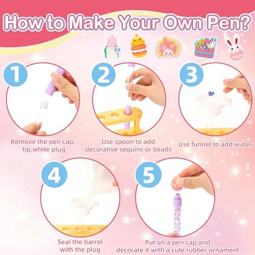 Rilcn Easter DIY Pen Making Kit for Girls, 50 PCS Easter Glitter Floaty Pens Craft Set, Makes 12 Sparkly Pens, Birthday Easter Gifts for Kids Tweens Ages 6 7 8 9 10 11 12 - Thumbnail 5