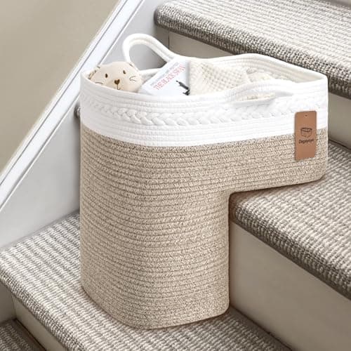 Degeyoyo Woven Stair Basket, Stair Baskets for Wooden Stairs, Carpeted Stairs Storage Basket with Handles, Staircase Baskets for Toys, Books, Brown, 15” L x 10” W x 15” H - Image 1