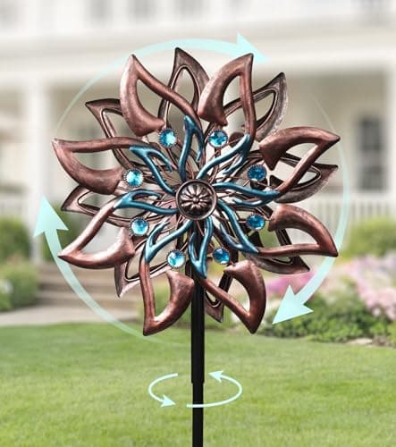 VUFOZ 360° Garden Wind Spinner for Outdoor Yard Art – W13xH64 Kinetic Windmill for Garden, Lawn, and Patio – Dahlia-Inspired Copper and Teal Wind Spinners Outdoor Decorative Yard Art - Image 1