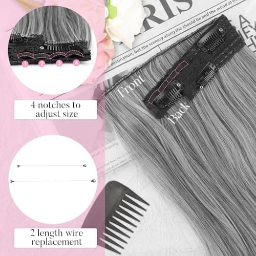 Invisible Wire Hair Extensions with Transparent Wire Adjustable Size 4 Secure Clips Long Wavy Secret Hairpiece 20 Inch for Women(OMber Grey) - Thumbnail 3