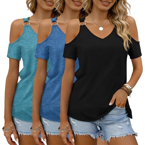 BOHOWE 3 Pack Sexy Women's Cold Shoulder Short Sleeve V Neck Tees Basic Summer Fashion T-Shirts - Image 1