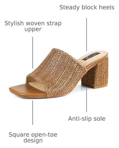 Ancomafio Women's Heeled Sandals Raffia Heels Square Open Toe Sandals Backless Mules Slip On Block Sandals Brown Size 8 - Thumbnail 3