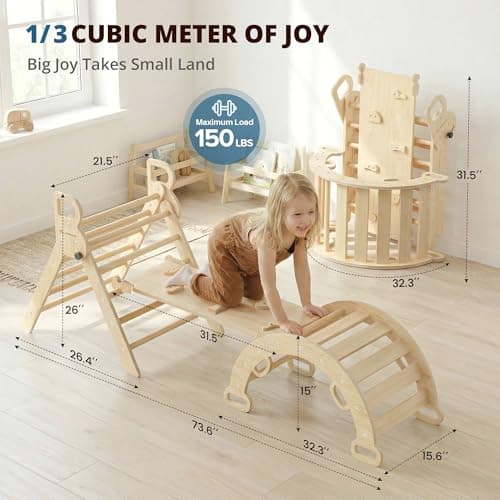 BlueWood Pikler Triangle Set, Toddler Wooden Climbing Toys Indoor 7in1 Climber, Foldable Kids Climbing Toys, Montessori Play Jungle Gym with Arch, Ramp, Ladder (Natural) - Thumbnail 2