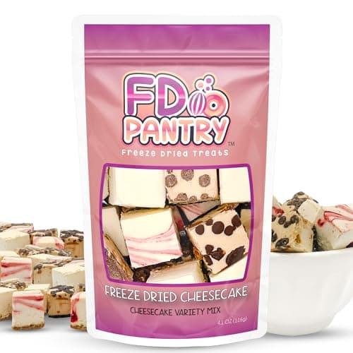Freeze Dried Cheesecake Bites New York Style 4.1oz - Caramel, Chocolate Chip and Strawberry Swirl Freeze Dried Dessert - Mini Chocolate Cheesecake Bites in Resealable Bag - Ideal Gift Snack - Image 1