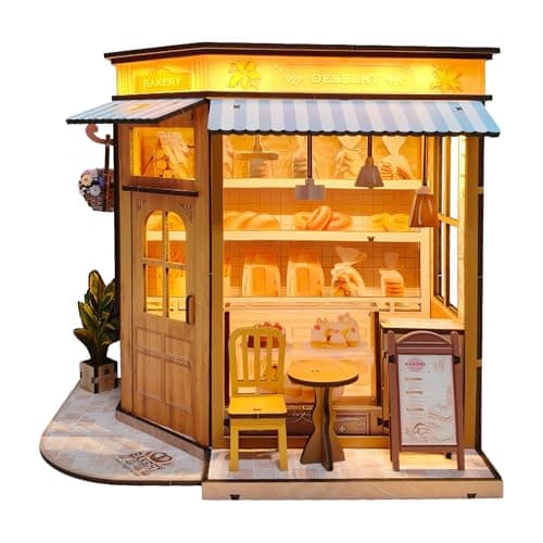 Joibabe DIY Miniature House - LED Lighting Book Nook Kit Dollhouse Kit for Adults and Teens, Book Nook Tiny House Bookshelf 3D Wooden Puzzle, Gifts for Family Friends (Bakery) - Image 1