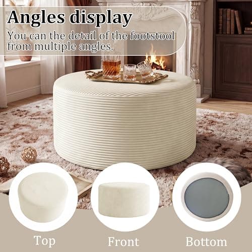 BSHOMGI Coffee Table 32”Ottoman for Couch Plush Corduroy Memory Foam Footstool Cloud Boneless Sectional for Living Room Round Side Table Cushiong No Assembly Makeup Desk (Beige, 32") - Thumbnail 6