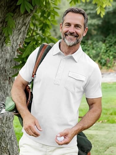 JEMLDL Mens Polo Shirts Short Sleeve Golf Tennis Shirt Quick Dry Collared Casual Work Tops with Pocket 4 Button Placket Tops White XL - Thumbnail 5