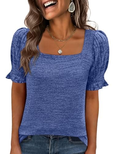 ANRABESS Womens Tops Summer Sweaters Dressy Casual Work Blouses Square Neck Ruffle Short Sleeve Tee Shirts 2026 Fashion Tunic Blue Medium