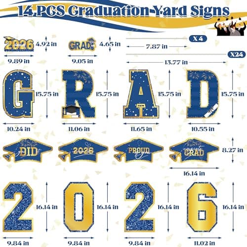 Graduation Yard Signs, 14 PCS Blue Gold Congrats Grad Lawn Stakes, Class of 2026 Yard Signs with Stakes, Graduation Party Decorations Outdoor, Waterproof GRAD Yard Decor for College High School - Thumbnail 2