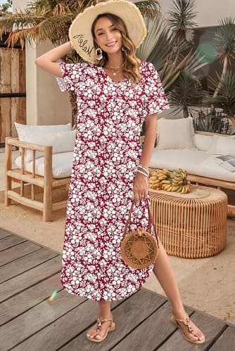 MOLERANI Casual Maxi Dresses for Women Floral Beach Vacation Dress Long Summer Dress 2026 Flower Sundress with Pockets,Red Flower,S - Thumbnail 2