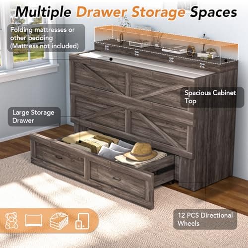 janiry Queen Size Murphy Bed with Charging Station，Murphy Bed Cabinets with Foldable Panel for Small Spaces or Bedroom,Office,Grey - Thumbnail 5