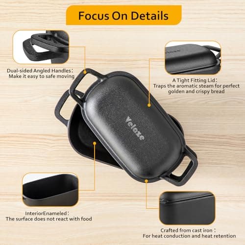 Velaze 3.6QT Dutch Oven for Bread Baking,Oval Cast Iron Bread Oven Pan with Lid and Offset Handles,Oven Safe to 500°F for Homemade Sourdough Bread(Black) - Thumbnail 5