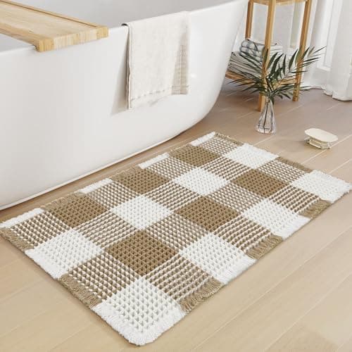 Arenarug Checkered Waffle Bath Mat, Super Absorbent Boho Farmhouse Bathroom Rugs Non Slip Washable, Ultra Soft Bath Rugs Mats with Tassels for Bathroom Floor, Brown White, 18"x30" - Image 1