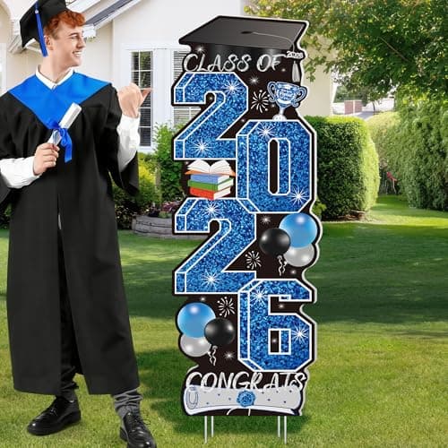 4 Pcs Congrats Grad Sign, Blue Graduation Yard Signs Class of 2026 with Stakes, Yard Sign Graduation 2026 for Indoor Outdoor Grad Party Decorations Backdrop High College School Decor Supplies