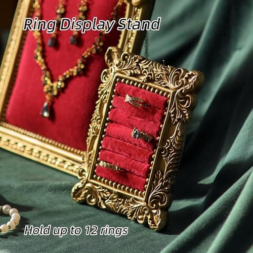 Aboacent 3-Piece Jewelry Display Stand, Velvet Necklace Display Set, Ring Holder Dish, Vintage, Earring Organizer, Baroque Trinket Storage Dish for Women Gifts, Necklace Jewelry Stand for Selling - Thumbnail 6