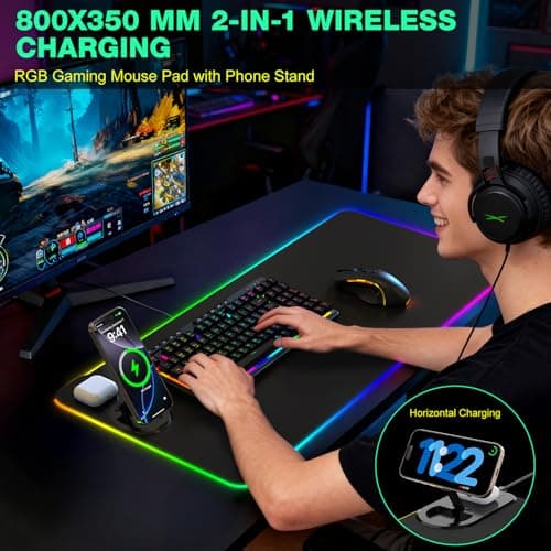 RGB Gaming Mouse Pad Wireless Charging Desk Mat with Foldable Phone Stand, Large LED Gaming Mat 800x350x4mm, 15 Light Modes, Waterproof, Keyboard Pad for PC Computer, Includes 20W PD Power Adapter - Thumbnail 2