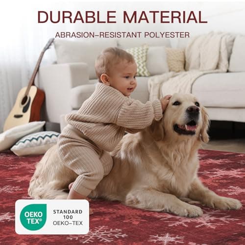 Dotiiorug Christmas Round 4Ft Washable Rugs,Low Pile Non Slip Carpet Non-Shedding Rug Soft Stain Resistant Mat for Living Room Bedroom Snowflake Red - Thumbnail 5