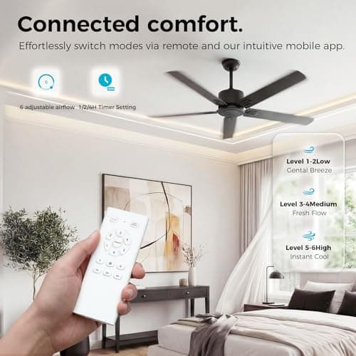 Obabala Outdoor Ceiling Fan No Light, 52'' Black Ceiling Fan with Remote, Noiseless, Reversible, 5 Blades for Patio/Living Room/Bedroom - Thumbnail 3
