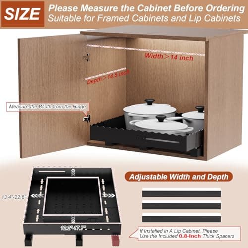 FOXHIVE Expandable Pull Out Cabinet Organizer - Adjustable Width 12-18" & Depth 13-23", 3-Rail Heavy Duty Slide Out Drawer, No-Drills Adhesive Mount, Fits Lip & Lip-Free Cabinets(Black) - Thumbnail 2