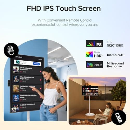 Zylosian 32 Inch Portable TV with Touchscreen, Mobile Smart Screen on Wheels, Rolling TV Android Monitor, FHD IPS Large Display, 8+128GB, Wireless Mirroring, Adjustable Stand, for Home/Office - Thumbnail 2