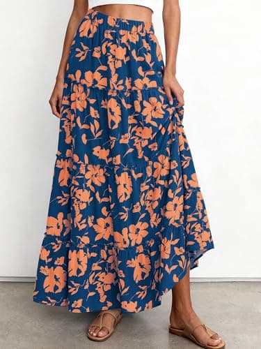 BTFBM Floral Maxi Skirts for Women Summer Spring 2026 Elastic Waist Tiered Flowy Beach Vacation Outfits Boho Long Skirt(Floral Blue Orange, XX-Large) - Thumbnail 3