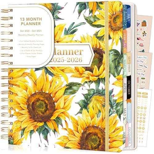 CAGIE 2026 Planner Weekly and Monthly from Dec 2025 to Dec 2026 Hardcover Spiral Bound Calendar Yearly Agenda Planners for Women with Stickers, 8.3 x 9.1, Yellow Sunflower