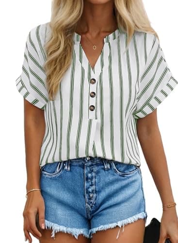 Dokotoo Womens Shirts Short Sleeve V Neck Button Tops for Women Trendy Lightweight Striped Color Block Business Casual Tops for Women 2026 Blouses Green Medium - Image 1