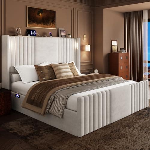 Uteeran King Size Bed Frame with 55.1" Tall Headboard, Velvet Upholstered Platform Bed with Channel Tufted Wingback, 2 Reading Lights/Storage Shelf/Charging Station/Easy Assembly/Noise-Free, Cream - Thumbnail 6