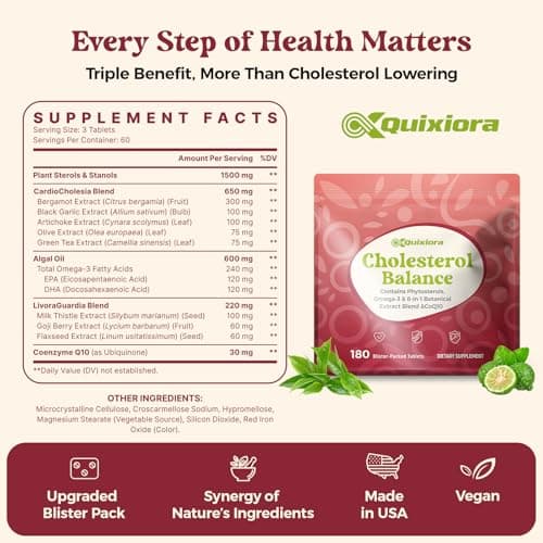 Quixiora Cholesterol Lowering Supplement with 1500 mg Plant Sterols & Citrus Bergamot, Omega-3 EPA & DHA, CoQ10 –Triglyceride & for High Cholesterol–180 Blister Tablets - Thumbnail 2