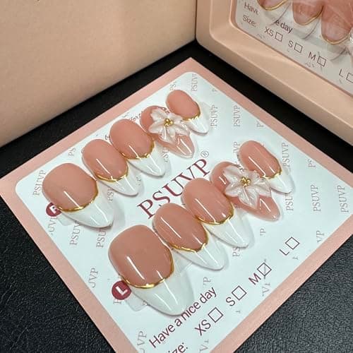 10pcs Handmade Press on Nails,French Tip Golden Line 3D Floral Almond Fake Nails,The effect is just like a salon manicure French Reusable Full Cover,Salon Grade Manicure Almond Size M