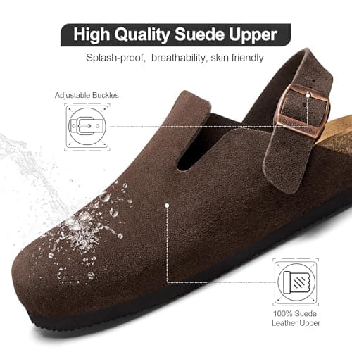 Brelzo Calvior Womens Suede Clogs Mens Leather Mules Arch Support Potato Shoes Slip On Slipper Sandals with Adjustable Buckle for Outdoor Use, Dark Brown Size 8-8.5 - Thumbnail 3