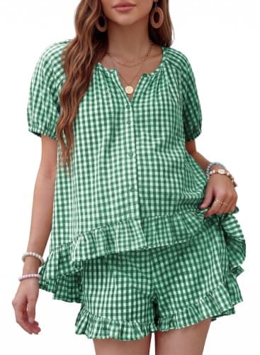 BLENCOT Women's Maternity Clothes Checkered Sleepwear Set Button Down Pajama Tops and Shorts 2 Piece Lounge Set Green 2XL-Large - Image 1