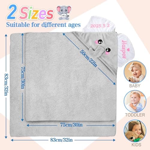 Individz Custom Hooded Bath Towel with Name, Personalized Highly Absorbent Elephant Towels, Baby Bath Towels for Girls Boys, Christmas Brithday for Baby, Toddler, Newborn (Grey) - Thumbnail 5