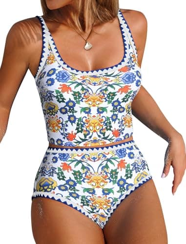 ZAFUL Tummy Control Bathing Suits Two Piece Swimsuits Floral Tankini Top with High Waisted Bottom Blue Yellow M - Image 1