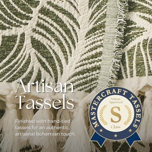 DOWN HOME Chenille Cotton Throw Blanket for Couch, Lightweight Boho Blanket for Bed Sofa Chair Living Room Outdoor Soft Woven Decorative Blanket with Tassel Gift Olive Leaves 55"x60" - Thumbnail 6