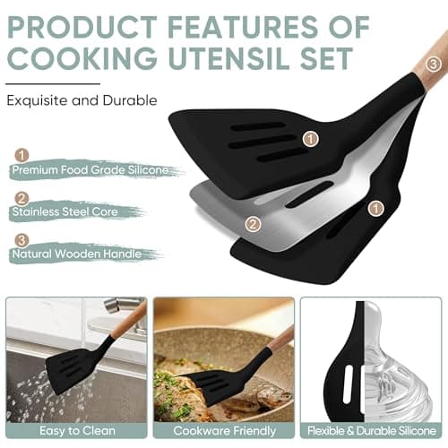 Herogo 5-Piece Cooking Utensils Set, Silicone Kitchen Utensils Set with Wooden Handle, Heat Resistant Cooking Tools Slotted Turner, Spoon, Soup Ladle, Spatula, Spoonula for Nonstick Cookware, Black - Thumbnail 3