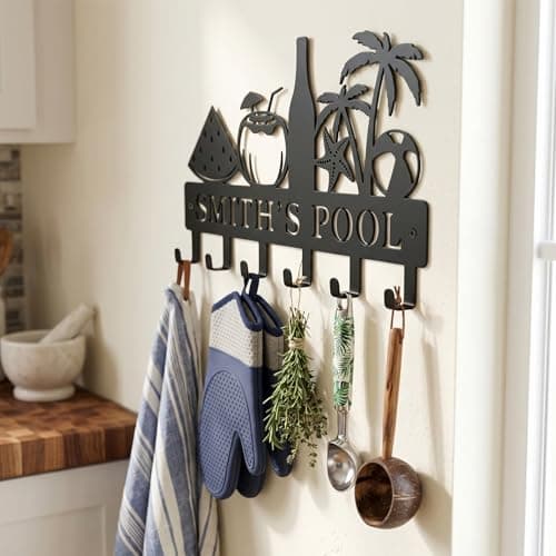 Metal Key Holder Wall Mount, Coastal Tropical Key Rack Hooks, Beach Pool Sunset Wall Art Organizer for Entryway, Kitchen, Hallway, Garage, Farmhouse Home Decor & Housewarming Gift (Pool Party) - Thumbnail 4
