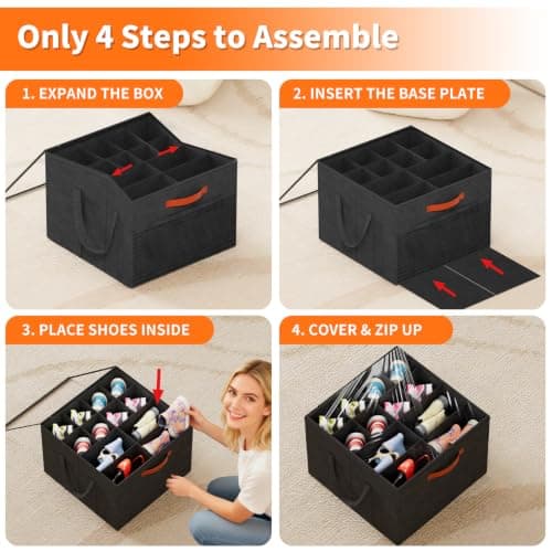 Aokeyee Shoe Organizer for Closet, 2 Pack Foldable Shoe Storage Organizer Box w/Clear Cover and 4 Reinforced Handles, Space Saving Shoes Bin Fits up to 16-32 Pairs, Black - Thumbnail 6