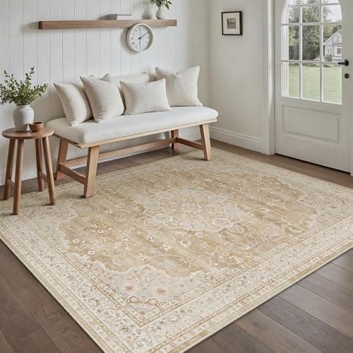 HUGEAR Area Rugs 3x5 Machine Washable Vintage Beige Brown Living Room Rug Throw Carpet Non Slip Stain Resistant Low Pile for Office Home Retro Aesthetic Modern Decor - Image 1