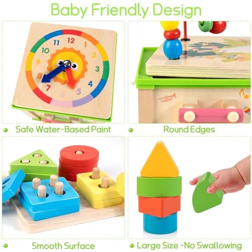 WOODMAM Wooden 7-in-1 Activity Cube| Montessori Toys for 1 Year Old Toddlers| Baby Educational Developmental Toys |One Year Old Boys Girls First Birthday Gifts |Bonus Sorting & Stacking Board - Thumbnail 3