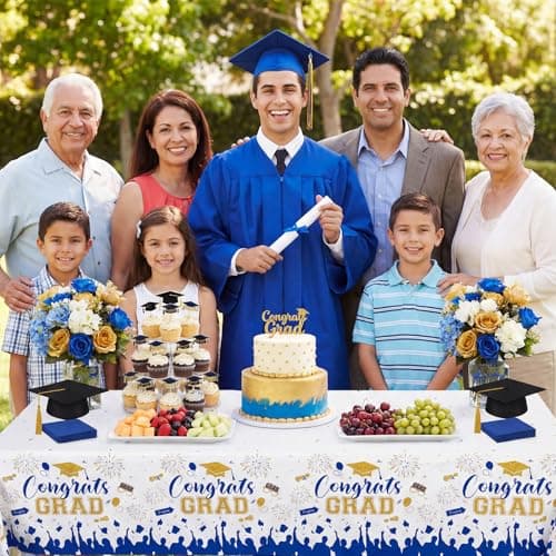 NatNarr 3 Pack Plastic Graduation Tablecloth, Graduation Decorations 2026 Disposable Rectangle Blue White Table Cover, 2026 Gongrats Grad Table Cloths for Graduation Party Decorations, 54x108Inch - Thumbnail 6