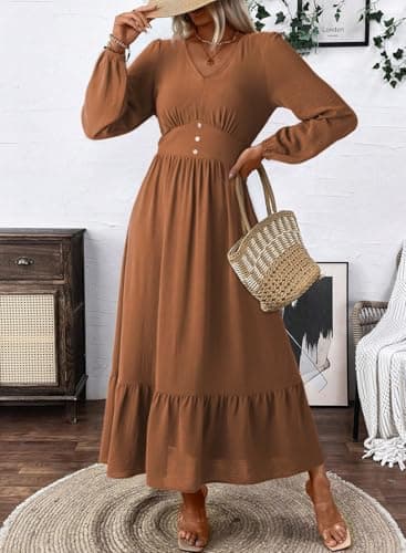 Dokotoo Womens Dresses Sexy V Neck Dresses for Women 2026 Elegant Classy Trendy Long Sleeve Solid Color Italian Dress Tiered Maxi Dress Ruffle A-Line Boho Beach Vacation OutifitsXX-Large - Thumbnail 5