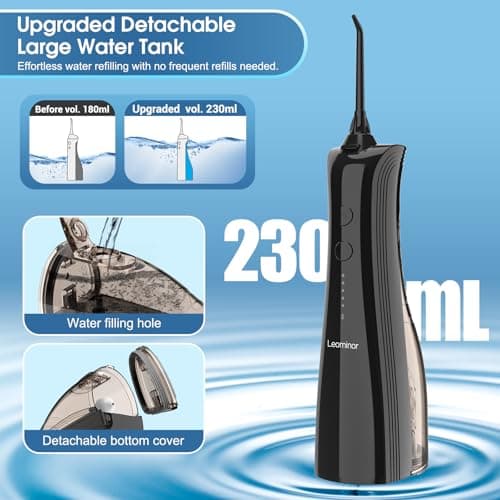 Leominor Water Dental Flosser - 5 Modes Cordless Portable Oral Irrigator, IPX7 Waterproof, Rechargeable Teeth Cleaner Upgrade Datchable Tank Professional Flossing Cleaning Pick for Home Travel (Black) - Thumbnail 4